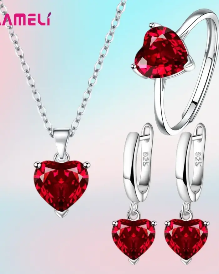 Conjuntos de regalo de joyería fina de Plata de Ley 925 para mujer, pendientes Huggie de circón con corazón romántico, colgante, collar, anillo 1