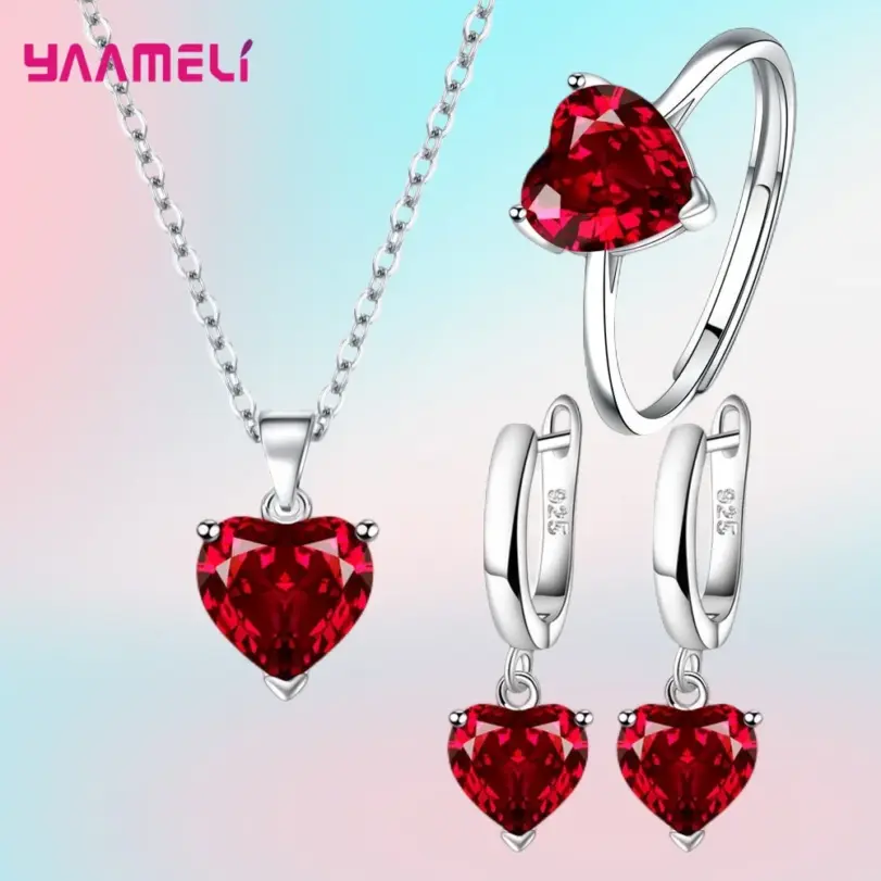 Conjuntos de regalo de joyería fina de Plata de Ley 925 para mujer, pendientes Huggie de circón con corazón romántico, colgante, collar, anillo 1
