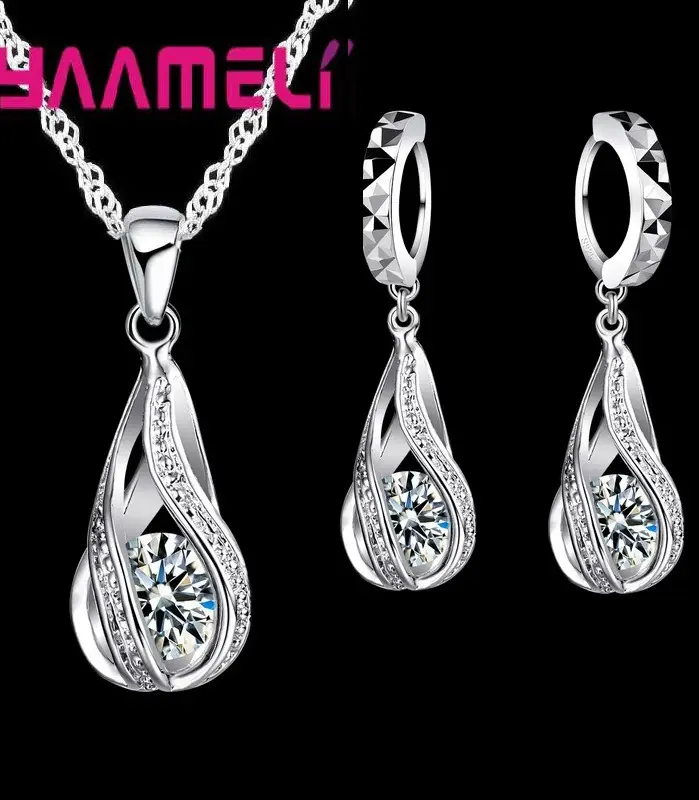 Gota de agua caliente CZ 925 conjunto de joyería chapada en plata esterlina para mujer colgante collar pendientes de aro fiesta de boda Ceremoey Anel 1