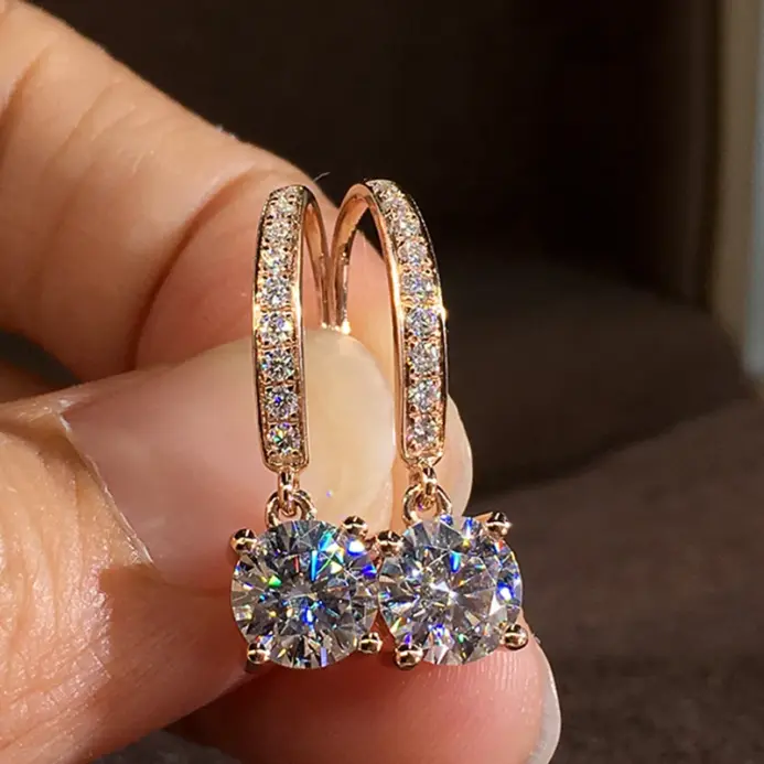 Huitan-pendientes colgantes de estilo atemporal para mujer, aretes colgantes de lujo de Color oro rosa con joyería de eternidad de boda CZ 2