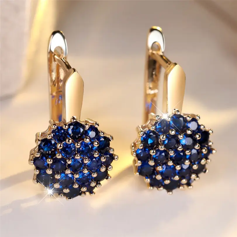 Pendientes de aro de circonio redondos de cristal azul girasol para mujer, Color rosa, oro y plata, joyería de flores para boda, regalo de compromiso 3