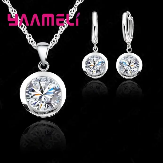 Conjunto de joyería fina para boda para mujer, de Plata de Ley 925 auténtica, colgante de circón cúbico redondo de CZ, collares, pendientes de aro 1