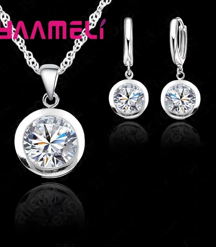 Conjunto de joyería fina para boda para mujer, de Plata de Ley 925 auténtica, colgante de circón cúbico redondo de CZ, collares, pendientes de aro 1