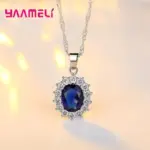 Auténtica Plata de Ley 925 chapada en plata para mujer, conjuntos de joyería de compromiso de boda, collar de cristal de circón ovalado de princesa, anillo y pendientes 13