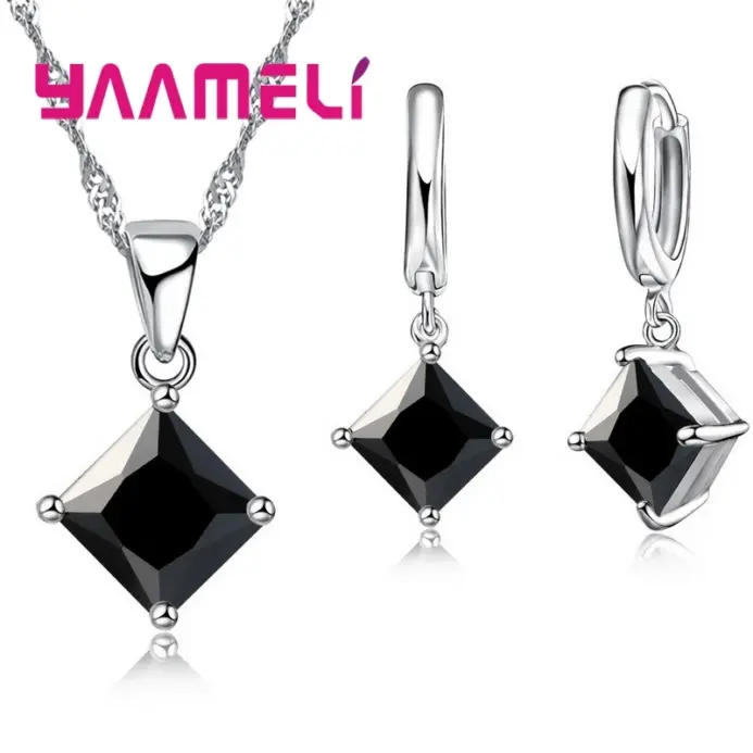 Conjunto de joyería de plata de ley 925 para mujer, pendientes cuadrados geométricos simples, collar con colgantes, cristal, Color plateado, para boda, nueva moda 2