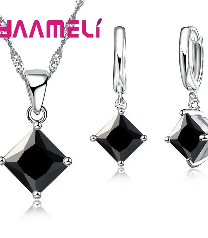 Conjunto de joyería de plata de ley 925 para mujer, pendientes cuadrados geométricos simples, collar con colgantes, cristal, Color plateado, para boda, nueva moda 2