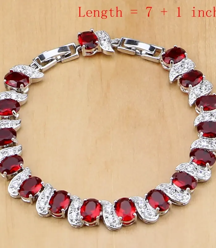 Conjunto de joyas de plata 925 Natural para mujer, pendientes, colgante, collar, anillo, pulseras, piedra natal roja, T055 2