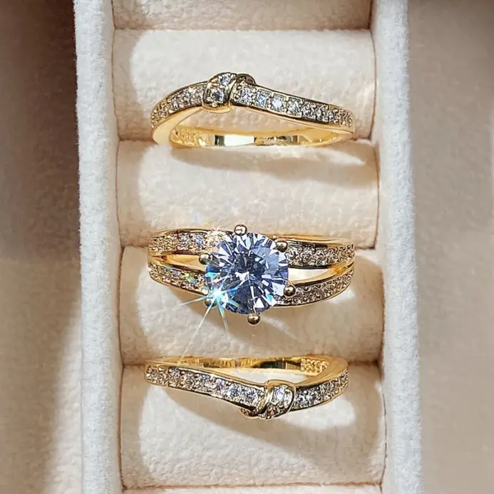 Anillo de circonia brillante de lujo, 3 unidades/juego, conjunto de joyería delicada de moda para mujer, accesorio para banquete de boda, regalo 1