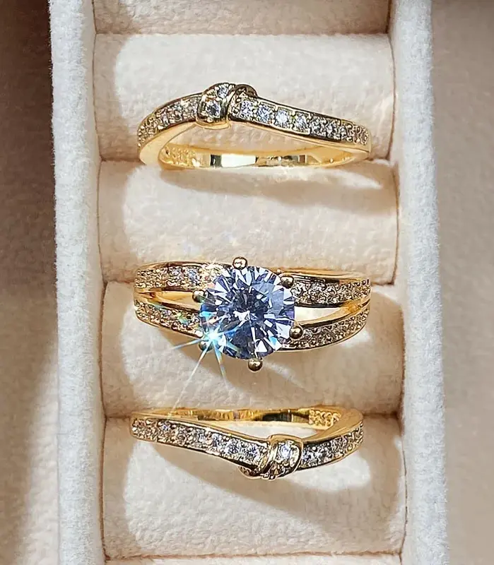 Anillo de circonia brillante de lujo, 3 unidades/juego, conjunto de joyería delicada de moda para mujer, accesorio para banquete de boda, regalo 1