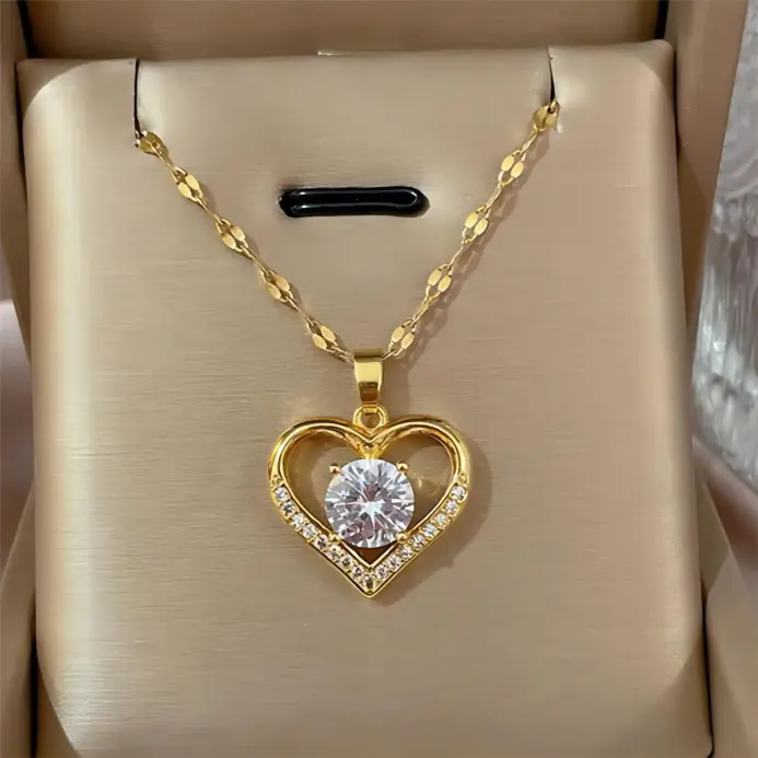 Collares de circonita de acero inoxidable para mujer y niña, collar de Metal de Color dorado, corazón de moda, joyería diaria para fiesta de cumpleaños 1