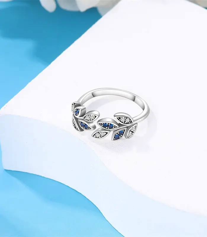 Anillos Anillos originales de Plata de Ley 925, anillos de hojas de circón azul brillante, tamaño 7-9 para mujeres, joyería de cumpleaños, regalos de Festival 2