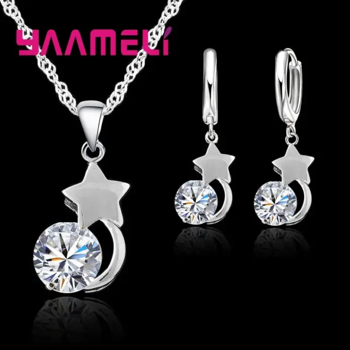 Conjuntos de joyas de cristal austriaco brillante, Plata de Ley 925, estrella de Color, colgante redondo de circón cúbico, collar, pendientes Huggie 1