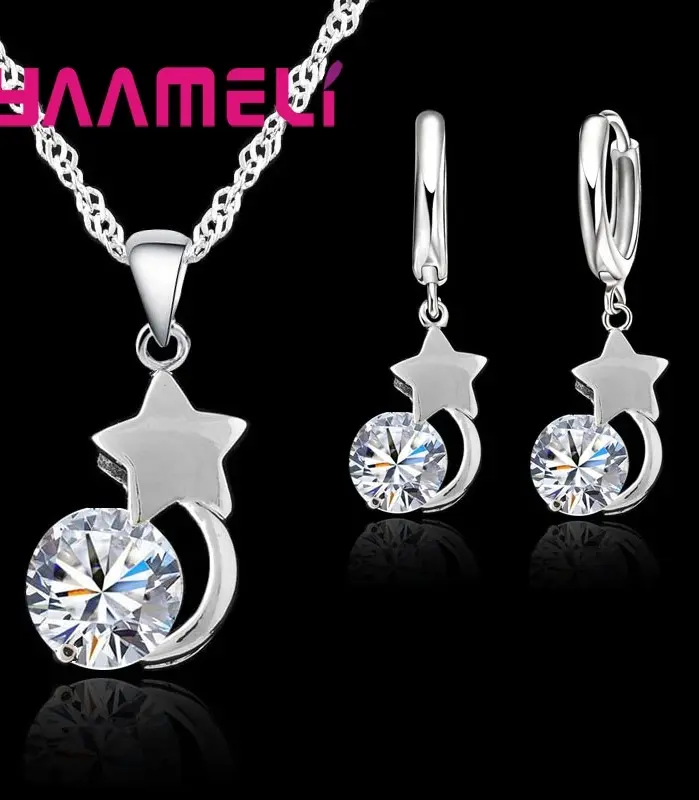 Conjuntos de joyas de cristal austriaco brillante, Plata de Ley 925, estrella de Color, colgante redondo de circón cúbico, collar, pendientes Huggie 1