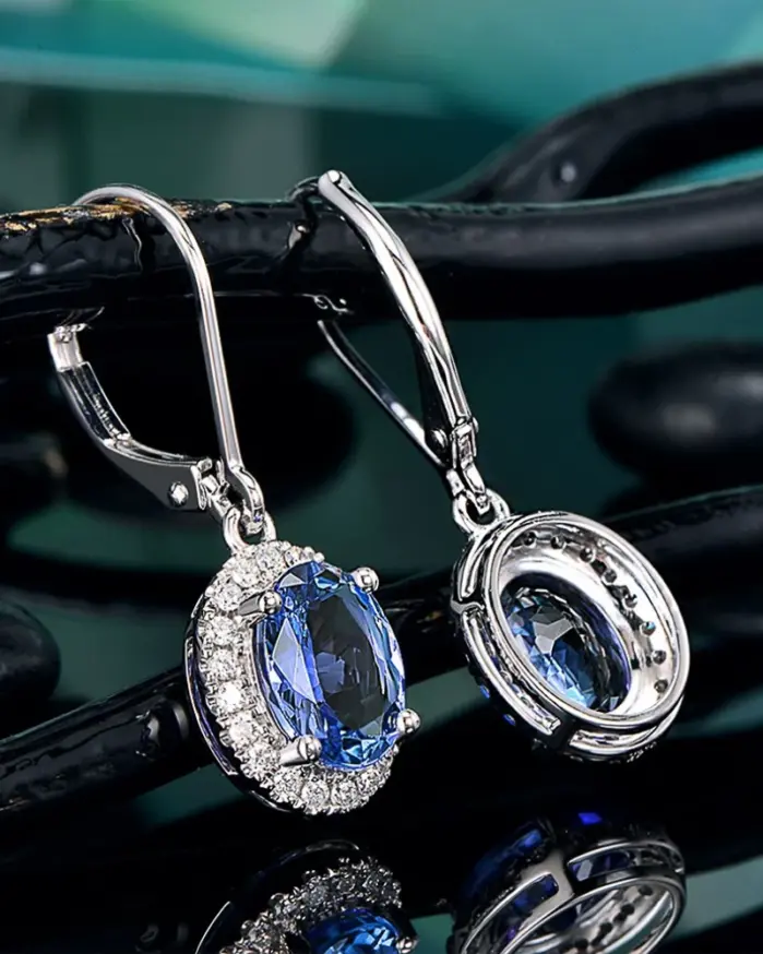 Huitan-pendientes colgantes de lujo para mujer, ovalados, azules, CZ, accesorios nobles para mujer, pendientes elegantes para fiesta, joyería de moda para uso diario 2