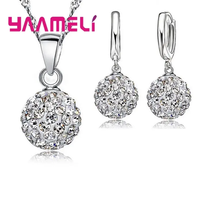 Conjuntos de joyería nupcial estampada de Plata de Ley 925, regalos de boda para mujeres y niñas, collar de bola de discoteca CZ de cristal austriaco, pendientes de aro 2