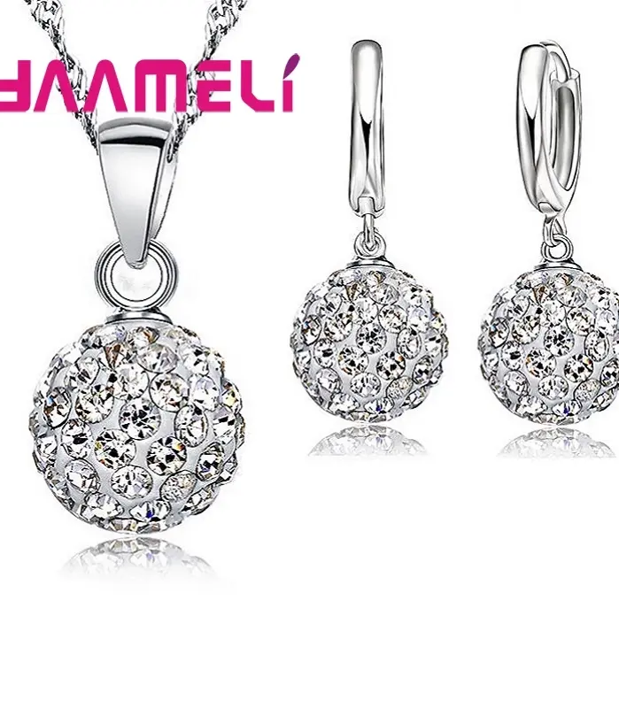 Conjuntos de joyería nupcial estampada de Plata de Ley 925, regalos de boda para mujeres y niñas, collar de bola de discoteca CZ de cristal austriaco, pendientes de aro 2