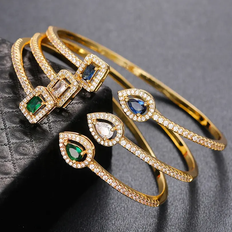 Huitan-pulsera de circonia cúbica para mujer, brazalete de lujo verde/blanco/azul, joyería de mano femenina de buena calidad, envío directo 2022 3