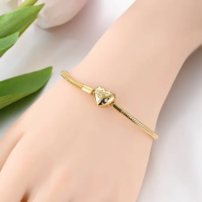 Pulsera Original de Plata de Ley 925 con Dijes, 17-20CM, Corazón Dorado, Llave del Amor, Trébol, Brazalete, Joyería para Mujer, Regalo 2