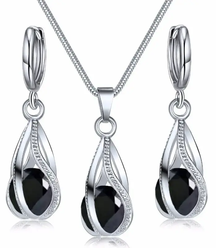 Conjunto de pendientes y collar para mujer, colgante de aleación de cobre de viento ligero de lujo, piedra de cristal negro, sección de Clip para oreja, joyería combinada, 3 uds. 1