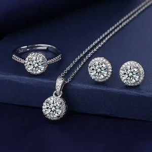 Conjunto de joyas de diamantes de laboratorio solitario para mujer, anillos de boda de fiesta de Plata de Ley 925, pendientes, collar, joyería de moissanita nupcial 1