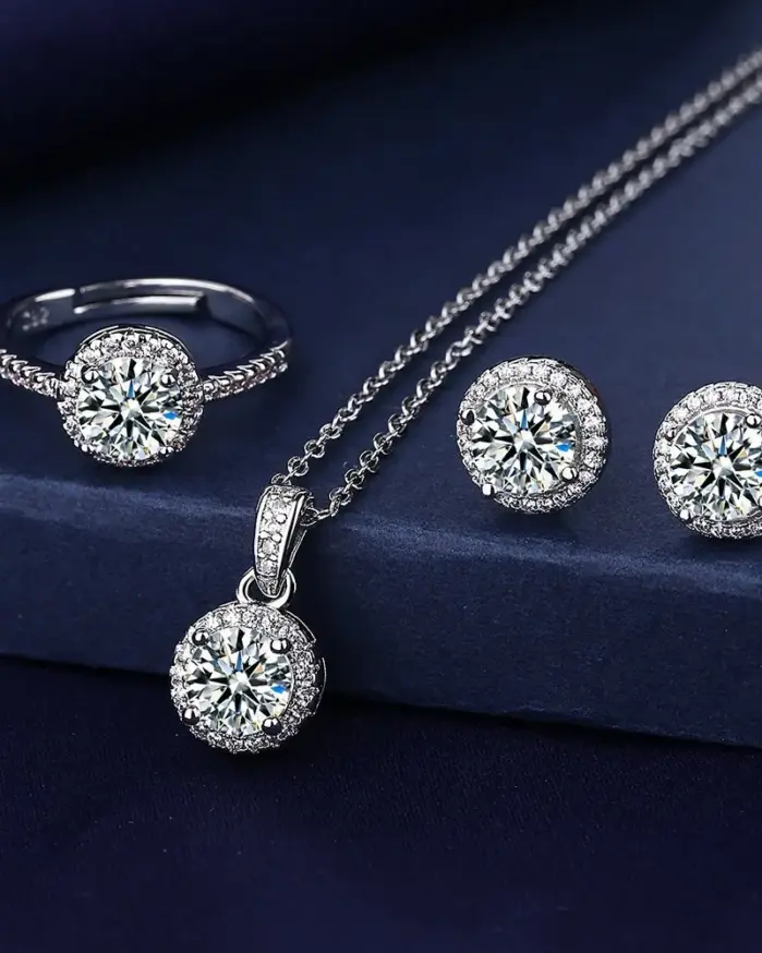 Conjunto de joyas de diamantes de laboratorio solitario para mujer, anillos de boda de fiesta de Plata de Ley 925, pendientes, collar, joyería de moissanita nupcial 1