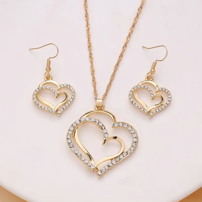 Conjunto de collar y pendientes de moda coreana, estilo doble amor, lujo ligero, exquisito, europeo y americano, transfronterizo. 4