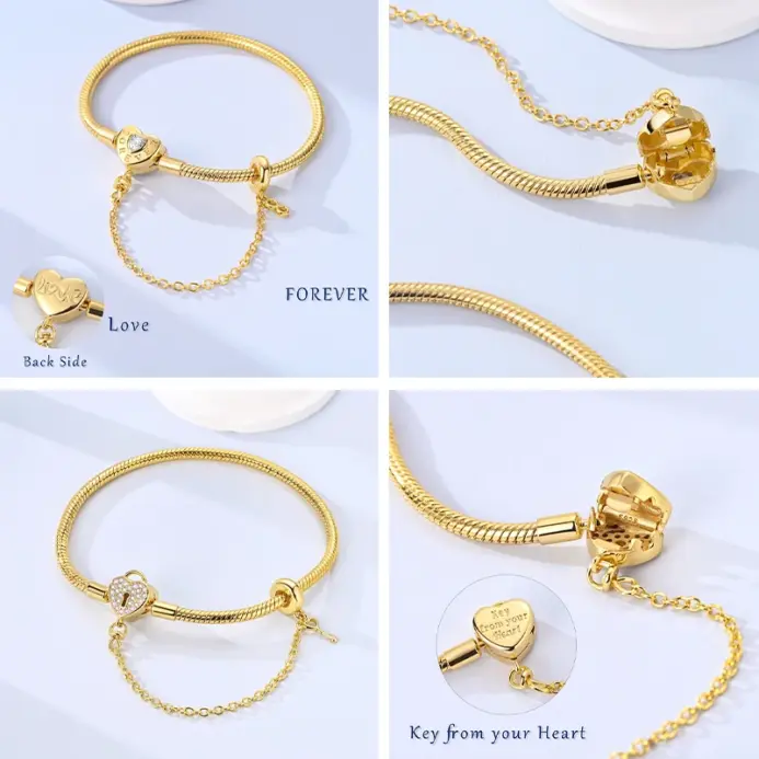 Pulsera Original de Plata de Ley 925, pulsera con dijes de 17-20CM, corazón dorado, llave de amor, pulsera de copo de nieve, brazalete, regalo de joyería para mujer 2