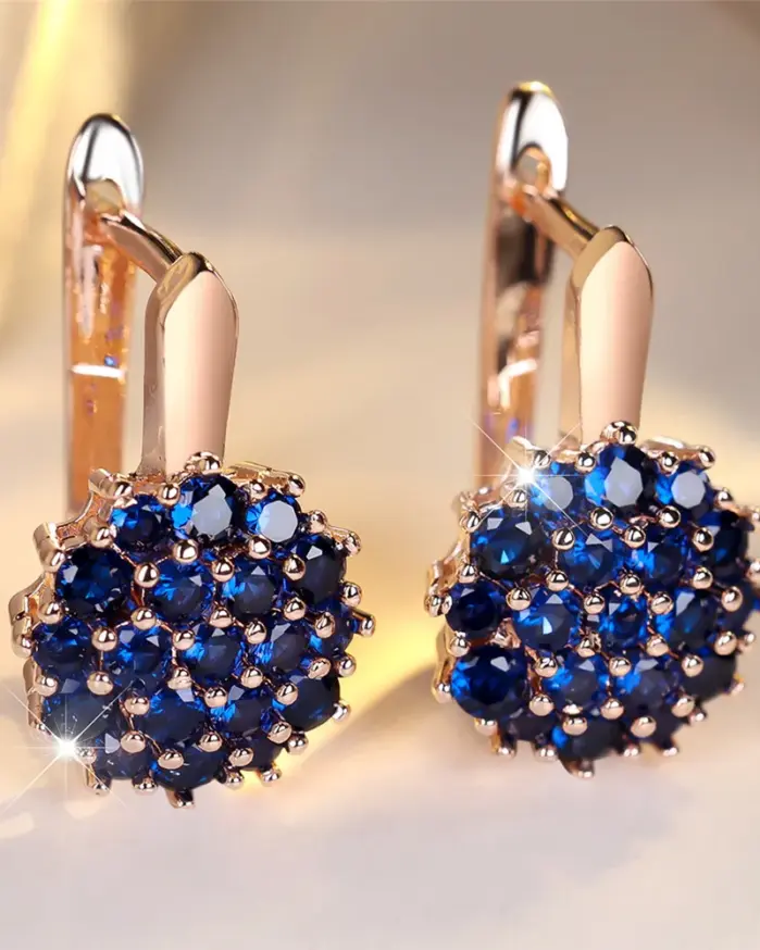 Pendientes de aro de circonio redondos de cristal azul girasol para mujer, Color rosa, oro y plata, joyería de flores para boda, regalo de compromiso 2
