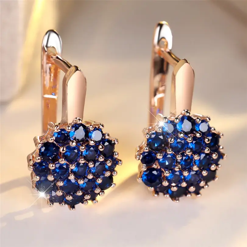 Pendientes de aro de circonio redondos de cristal azul girasol para mujer, Color rosa, oro y plata, joyería de flores para boda, regalo de compromiso 2
