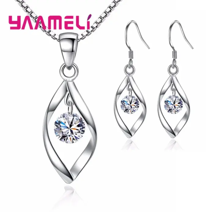 CZ collar pendiente conjuntos de joyería nupcial al por mayor 925 Color plata esterlina Zirconia cúbica gota de agua compromiso de boda 1