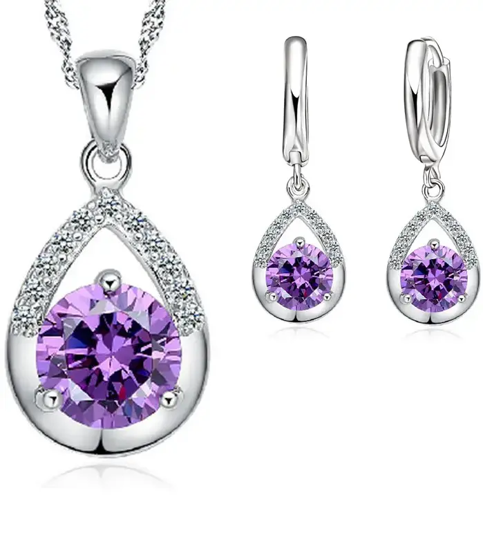 Gran oferta de conjuntos de joyería nupcial, collares de gota de agua de cristal de Color Plata de Ley 925, pendientes de aro para mujer, fiesta de compromiso 2