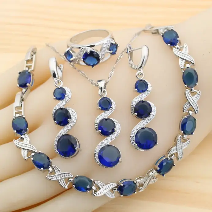Juegos de joyas para mujer de plata 925 con circonita azul clásica, pendientes, collar, colgante, anillo, pulsera, regalo de boda 1