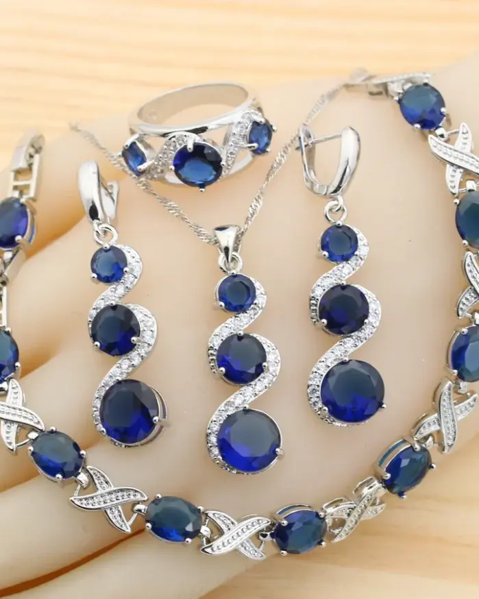 Juegos de joyas para mujer de plata 925 con circonita azul clásica, pendientes, collar, colgante, anillo, pulsera, regalo de boda 1