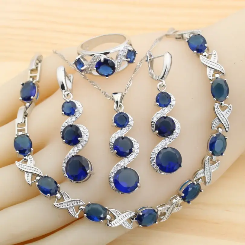 Juegos de joyas para mujer de plata 925 con circonita azul clásica, pendientes, collar, colgante, anillo, pulsera, regalo de boda 1