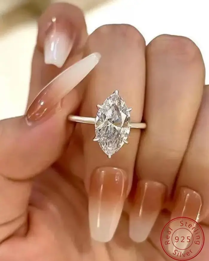 Anillo de circón Marquesa clásico Simple de Plata de Ley 925 de 1-3 quilates para mujer, joyería fina de lujo de alta calidad para compromiso y boda 1