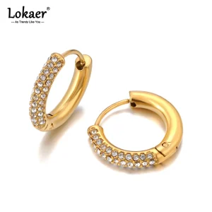 Lokaer Pendientes de aro de acero inoxidable 316L con diamantes de imitación chapados en oro de 18 quilates PVD joyería diaria hecha a mano para mujeres y niñas E24216 1