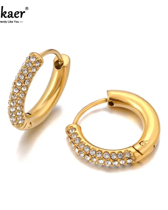 Lokaer Pendientes de aro de acero inoxidable 316L con diamantes de imitación chapados en oro de 18 quilates PVD joyería diaria hecha a mano para mujeres y niñas E24216 1