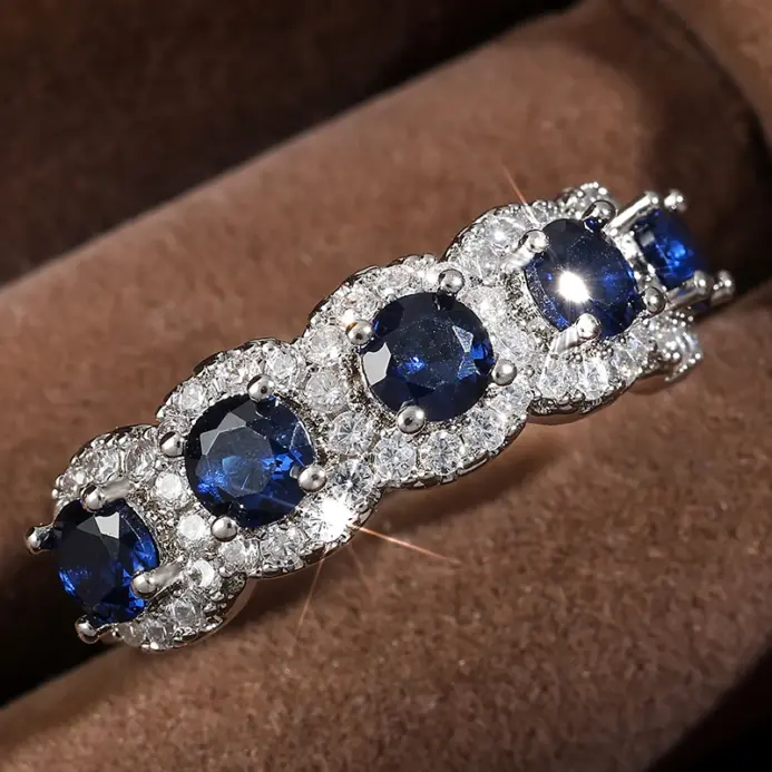 Classic-anillos de cobre redondos de circonita cúbica azul para mujeres y niñas, Color plateado, accesorios de dedos de cristal de Metal, regalos de joyería 1