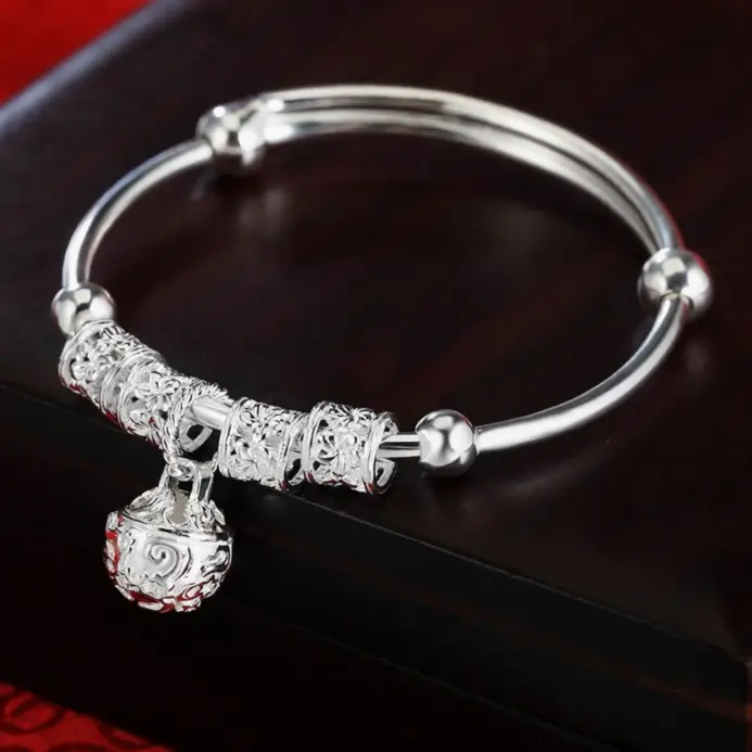 Brazaletes de bola de campanas huecas de Color plateado fino para mujer, pulseras ajustables, regalos de vacaciones de moda, joyería de boda de fiesta 2