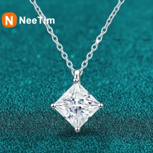 collar con colgante de moissanita de corte princesa para mujer, 0,5 CT, 1ct, plata S925 con cadena de caja chapada en oro, collares para mujer 1