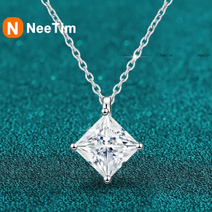 collar con colgante de moissanita de corte princesa para mujer, 0,5 CT, 1ct, plata S925 con cadena de caja chapada en oro, collares para mujer 1