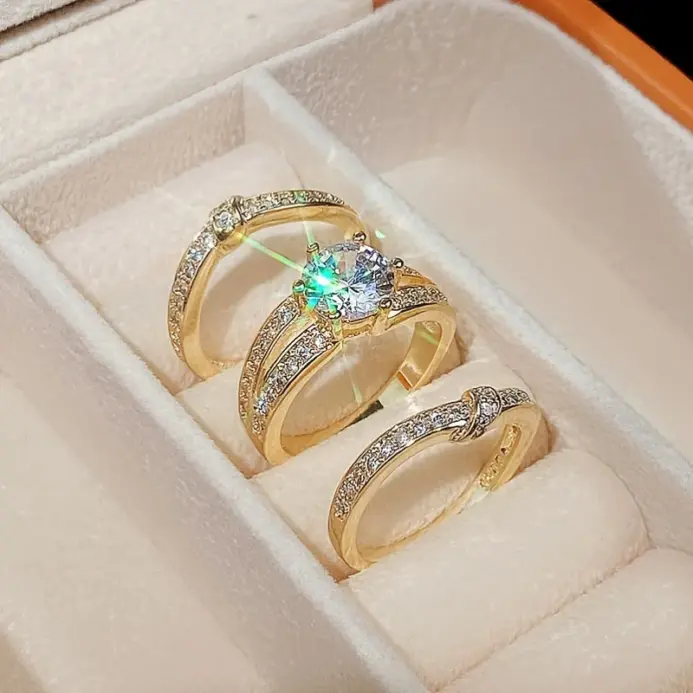 Anillo de circonia brillante de lujo, 3 unidades/juego, conjunto de joyería delicada de moda para mujer, accesorio para banquete de boda, regalo 2