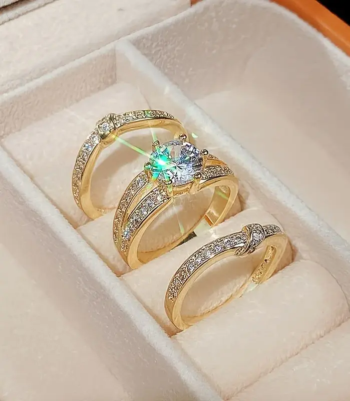 Anillo de circonia brillante de lujo, 3 unidades/juego, conjunto de joyería delicada de moda para mujer, accesorio para banquete de boda, regalo 2