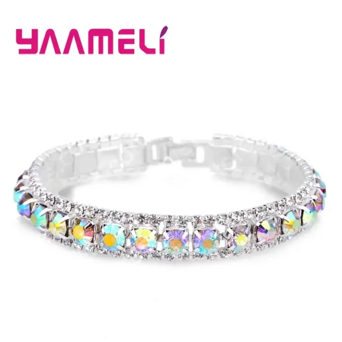 pulseras de Color plata con sello 925, circonita AAA completa, cristal austriaco, cadena de eslabones para mujer, brazaletes de joyería en 14 colores 1