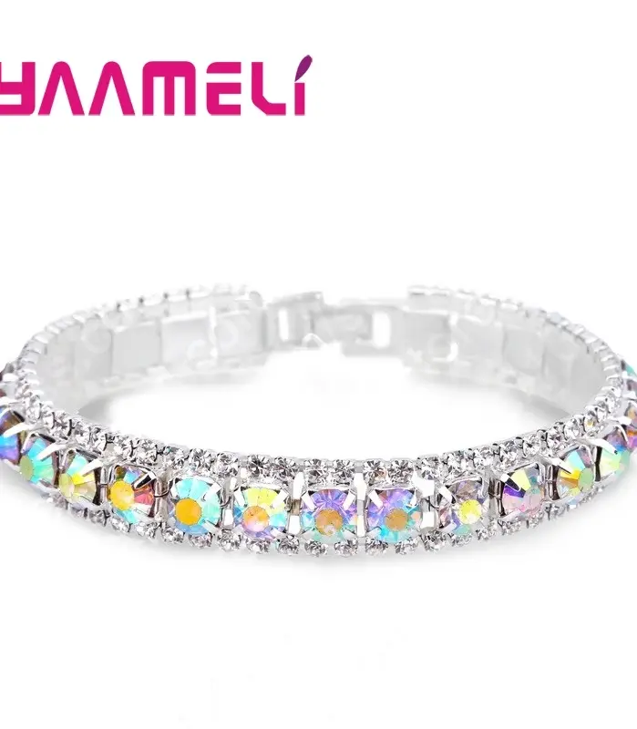 pulseras de Color plata con sello 925, circonita AAA completa, cristal austriaco, cadena de eslabones para mujer, brazaletes de joyería en 14 colores 1