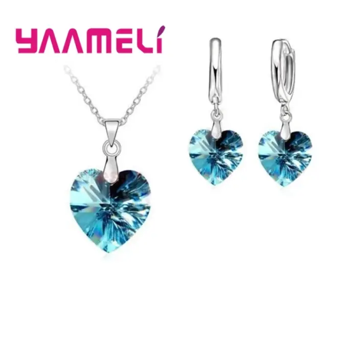 Conjunto de joyería nupcial de Color Plata de Ley 925 con forma de corazón de amor para boda, colgantes de cristal a la moda, collares y pendientes 1