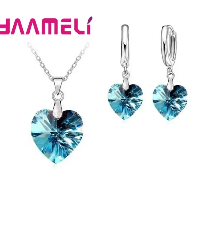 Conjunto de joyería nupcial de Color Plata de Ley 925 con forma de corazón de amor para boda, colgantes de cristal a la moda, collares y pendientes 1