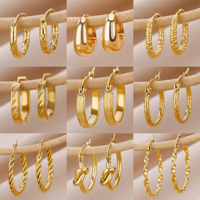 Conjunto de pendientes de acero inoxidable para mujer, aros gruesos redondos Vintage que no se decoloran, Piercing, joyería de pendientes de tendencia 2024 1