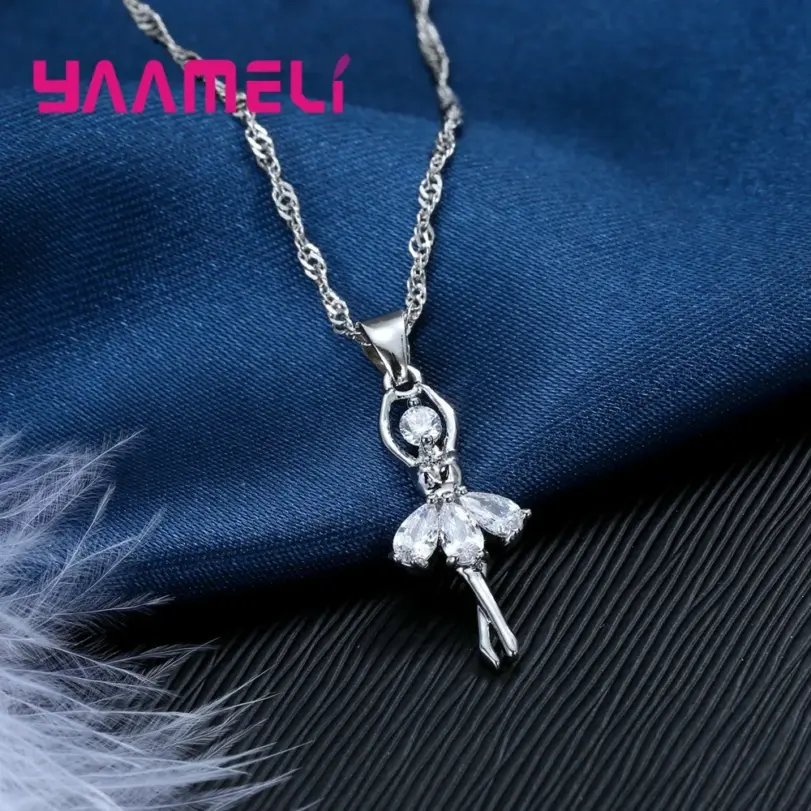 Conjuntos de joyería de alta gama para mujer, figura de Ballet para niñas, collar y pendientes de aro de Color Plata de Ley 925 habituales 6