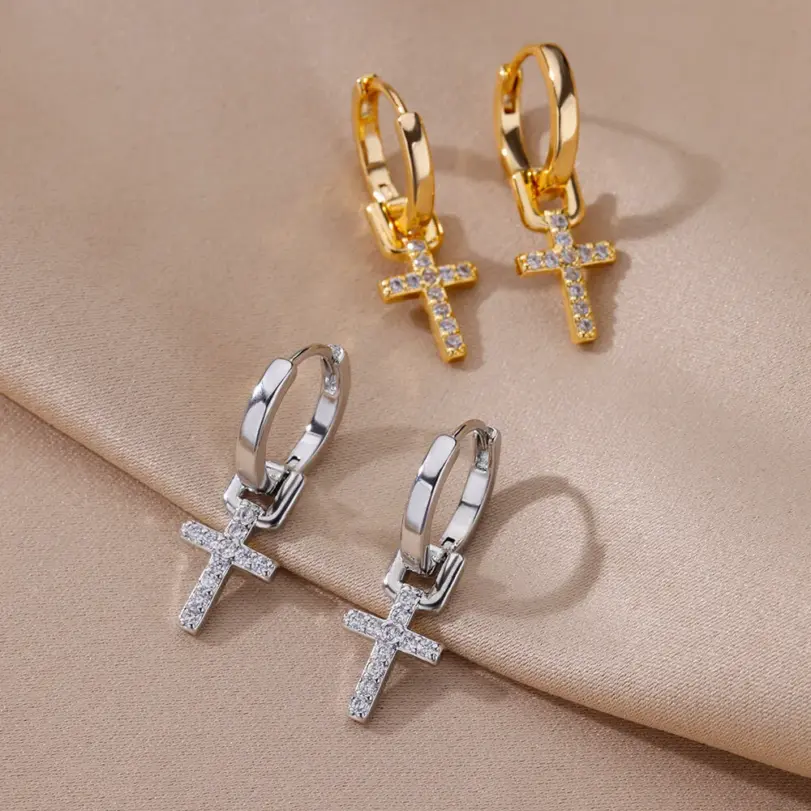 Pendientes de gota de Cruz de circón para mujer, pendientes de acero inoxidable de Color dorado 2023, joyería de lujo con hebilla para oreja, regalos de boda 6